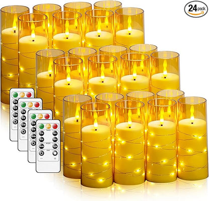 kakoya Flameless LED Candles with Timer 24 Pc Flickering Flameless Candles for Romantic Ambiance and Home Decoration Stable Acrylic Shell,with Embedded Star String，Battery Operated Candles(Gold)