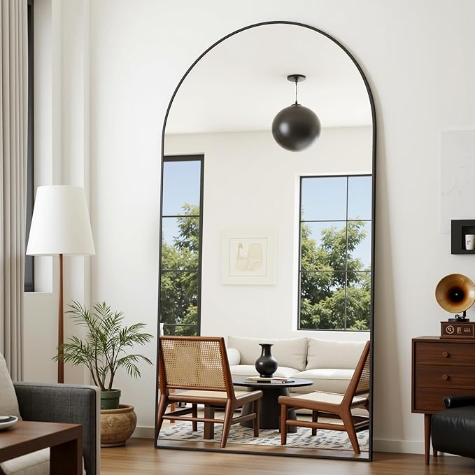 Full Length Mirror, 86"x46" Oversized Floor Mirror Freestanding, Full Body Floor Standing Mirrors with Stand, Hanging Mounted for Bedroom Living Room, Black, Arched Style