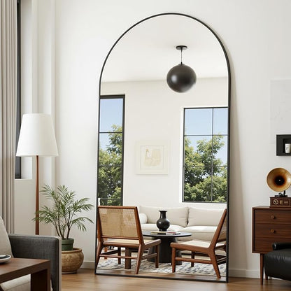 Full Length Mirror, 86"x46" Oversized Floor Mirror Freestanding, Full Body Floor Standing Mirrors with Stand, Hanging Mounted for Bedroom Living Room, Black, Arched Style
