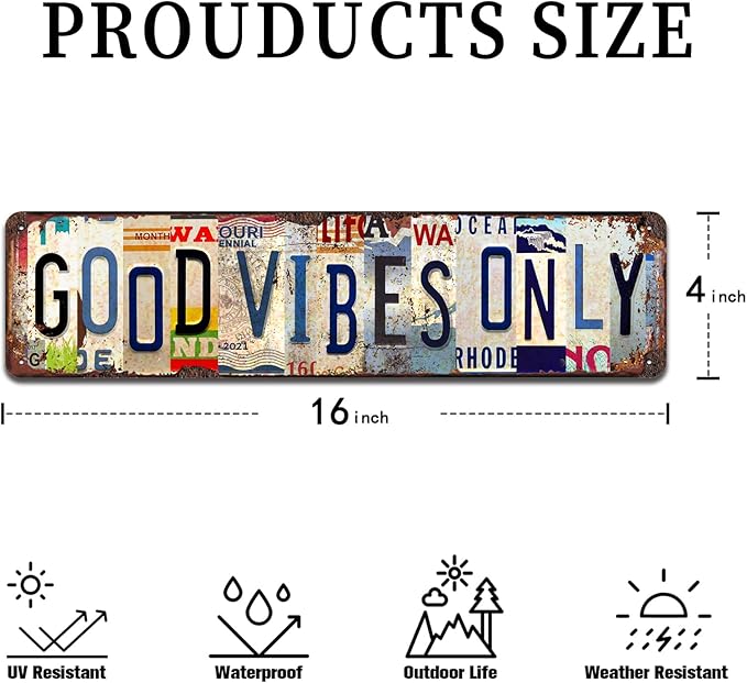 Good Vibes Only Rustic Metal Tin Sign - Vintage Inspirational Wall Art for Home, Office, Yoga Room, Farmhouse Décor - 4x16 Inch