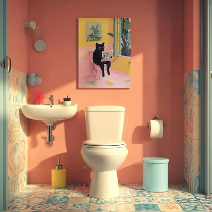 Cyebmo Funny Bathroom Wall Art, Cute Black Cat Sitting on Toilet Reading Newspaper Wall Decor, Whimsical Pink Abstract Animal Wrapped Canvas Artwork for Bathroom Kid's Restroom Bedroom 16x24 Inch
