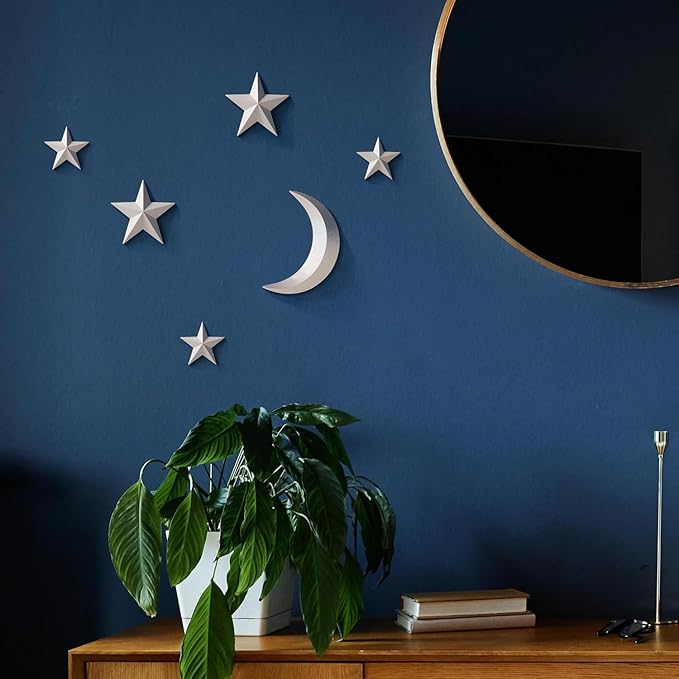 MidModArt 6PCS Mid Century Modern 3D Star Wall Art Gold Retro Starburst Sculptures Vintage Celestial Home Decor, Silver Moon