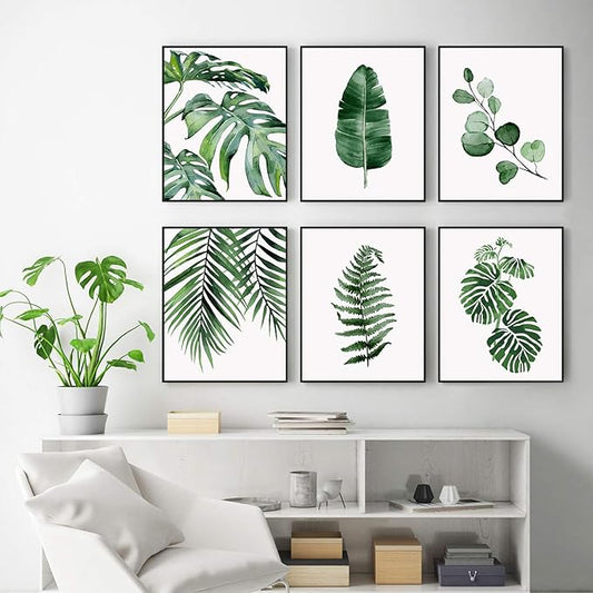 HoozGee Green Botanical Wall Art Print Set of 6 Natural Plant Leaves Home Decor Boho Leaf Bathroom Wall Art Canvas Plant Posters Leaf Art Prints Poster Set Room Decor (8"x10" UNFRAMED)