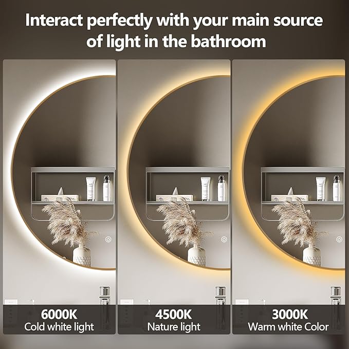 Niccy 32" LED Backlit Round Mirror for Bathroom, Gold Framed Vanity Light Wall Mirror, LED Smart Circle Mirrors with 3 Lighting Colors, Round Lighted Mirror with Anti-Fog, IP65 Waterproof