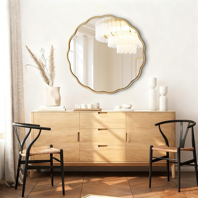 Gold Round Wavy Mirror 30 Inch ，Circle Bathroom Vanity Mirror Mental Frame Decorative Wall Mounted Mirror for Bedroom Living Room