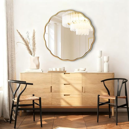 Gold Round Wavy Mirror 30 Inch ，Circle Bathroom Vanity Mirror Mental Frame Decorative Wall Mounted Mirror for Bedroom Living Room