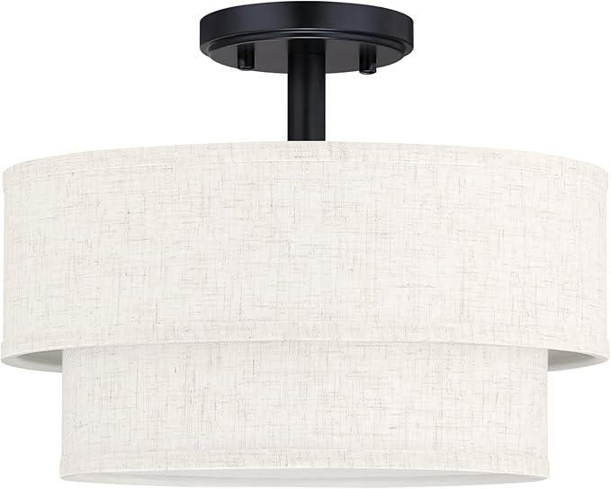 12 Inch LED 18W Adjustable 3000/4000/5000 Black Double Drum Linen Fabric Shade Semi Flush Mount Close to Ceiling Light Fixture for Bedroom,Living Room,Dining Room Hallway