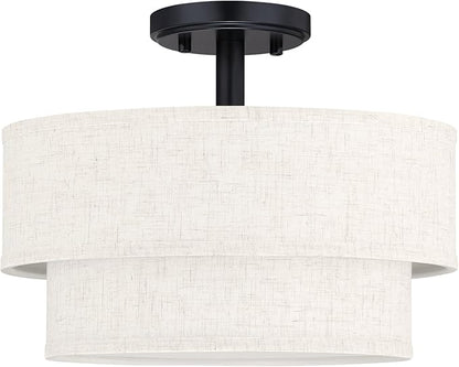 12 Inch LED 18W Adjustable 3000/4000/5000 Black Double Drum Linen Fabric Shade Semi Flush Mount Close to Ceiling Light Fixture for Bedroom,Living Room,Dining Room Hallway