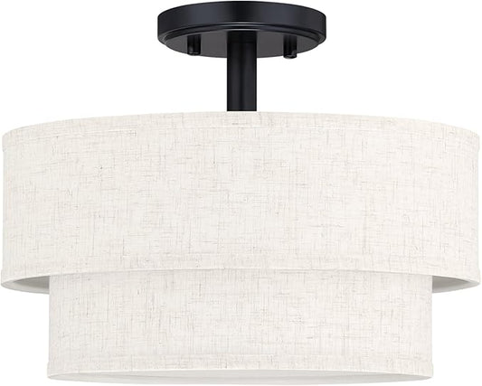 12 Inch LED 18W Adjustable 3000/4000/5000 Black Double Drum Linen Fabric Shade Semi Flush Mount Close to Ceiling Light Fixture for Bedroom,Living Room,Dining Room Hallway