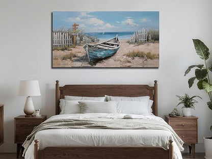Ardemy Boat Canvas Wall Art Nautical Art Wall Decor for Living Room, Blue Teal Bedroom Picture Textured Beach Painting Framed Artwork Dining Room Home Office Kitchen, Extra Large 58"x29"