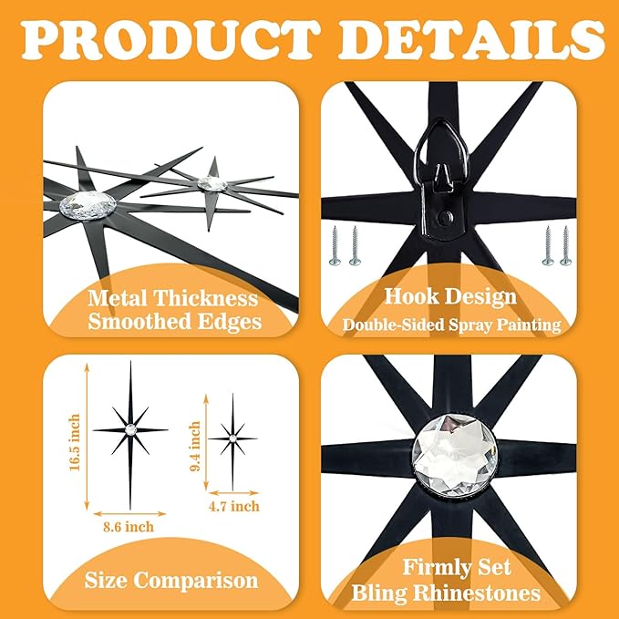 sxnzequnze 4 Pcs. Star Wall Art for Home Decor Living Room Bedroom Office Metal 3D,Bling,with Hanging Hook Starburst Midcentury Sculpture Retro Gallery Accent Celestial -Gold 16.5In/9.4In