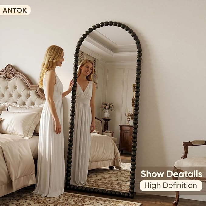 Antok 57" x 21" Arched Full Length Mirror, Antique Beaded Frame Floor Standing or Wall Mounted Mirror with Stand for Bedroom, Entryway, Black, Luxury Style