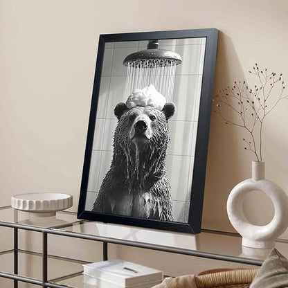XYHYRA Funny Bear Bathroom Wall Art, Black and White Animal Shower Canvas Print Picture, Cute Bear Taking Bath Poster, Modern Farmhouse Bathroom Restroom Home Wall Decor 16x24 inch Wood Framed
