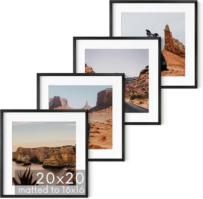 HAUS AND HUES 20x20 Black Metal Picture Frames Matted to 16x16 - Features Premium Aluminum & Hanging Hardware, Shatterproof Plexiglass - Ideal for Home, Room, Office (20x20 in, Black, Set of 4)