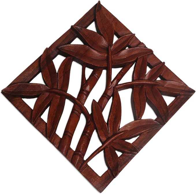 NOVICA Leaf and Tree Wood Relief Panel Wall Sculpture, Brown, Bamboo Copse'