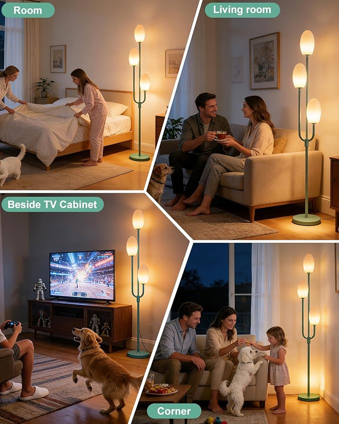 Lightdot 66IN Dimmable Floor Lamp 3-Lights Vintage Floor Lamps with Pebble Shade& Warm White Bulbs for Wedding Party Modern Standing Tall Lamp with 5Lbs Heavy Base for Living Room/Bedroom-Green