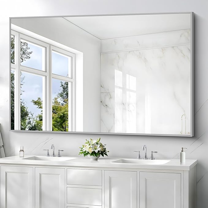 COFENY 40x60inch Silver Bathroom Mirror, Silver Rectangle Mirror with Frame, Large Rectangular Wall Mirrors for Bathroom, Living Room, Hair Salon, Big Farmhouse Mirror Hang Horizontal/Vertical