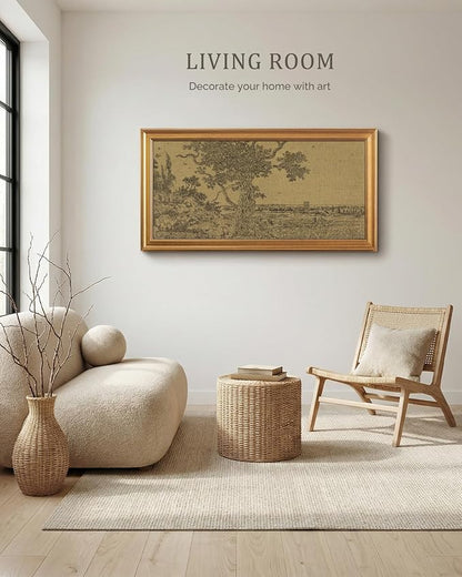 Bzstyleart Vintage Wall Art Decor, Large Canvas Framed Wall Art, Landscape Painting Picture Farmhouse, Large Canvas Artwork for Bedroom Home Decoration Aesthetic, Field Tree, 20 x 40 Inch