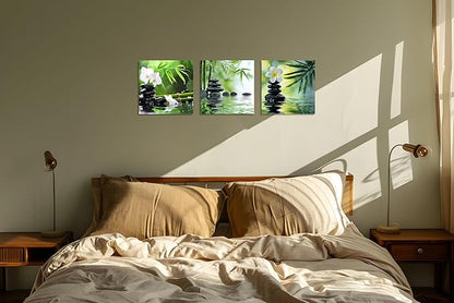 TutuBeer 3 Panels Zen Canvas Wall Art Spa Wall Art Spa Stones White Orchid Flower and Green Bamboo Pictures Prints on Canvas for Home Office Wall Decor Stretched and Framed Each Panel 12x12inch