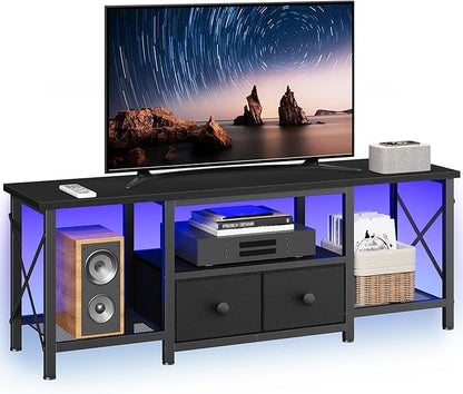 YATINEY Small TV Stand with LED Lights, Entertainment Center with 2 Fabric Drawers and Mesh Shelves, Media TV Console Table for TVs up to 50 Inches, for Living Room, Bedroom, Black DS11DBB
