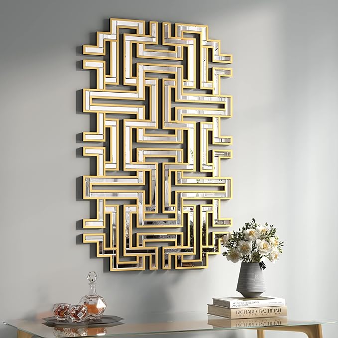 KOHROS Large Modern Gold Wall Mirror - 46.5"x30" Geometric Maze Design Decorative Mirror