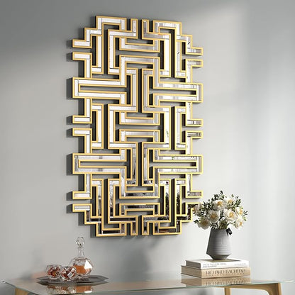 KOHROS Large Modern Gold Wall Mirror - 46.5"x30" Geometric Maze Design Decorative Mirror