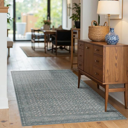 Rugxara 3x5 Washable Entryway Rug, Non Slip Boho Runner Rugs for Hallway, Entrance, Kitchen, Bathroom, Laundry Room, Soft Entryway Carpet, Throw Low Pile Retro Imitation Wool Carpet, Soft Blue