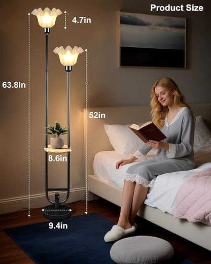 Dimmable Flower Floor Lamps with Table, 2-Lights Floral Floor Lamp, 3000K Warmwhite Modern Floor Lamp, Vintage Black Standing Lamp with 5Lbs Heavy Base for Living Room Bedroom