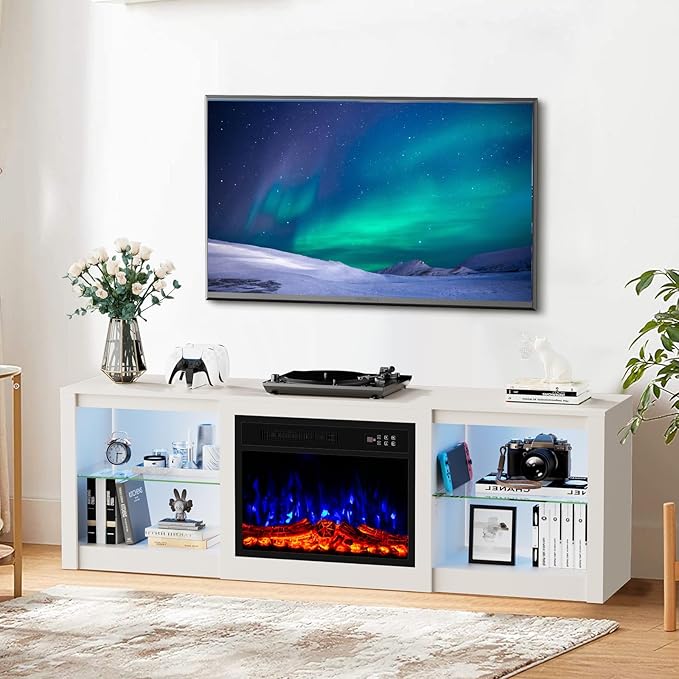Kucreiheat 70'' TV Stand Fireplace-Entertainment Center with 23'' Fireplace, LED Light for 80 inch TV-White Fireplace Stand with Adjustable Glass Shelves, Modern TV Console for Living Room/Bedroom