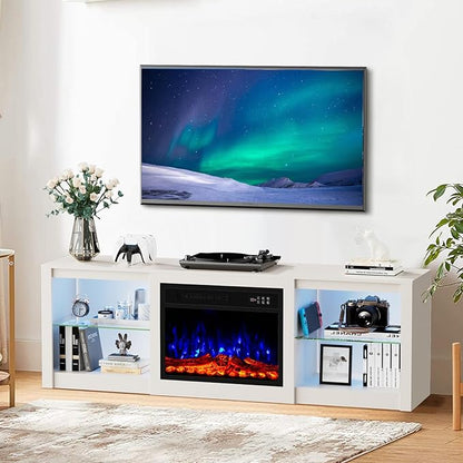 Kucreiheat 70'' TV Stand Fireplace-Entertainment Center with 23'' Fireplace, LED Light for 80 inch TV-White Fireplace Stand with Adjustable Glass Shelves, Modern TV Console for Living Room/Bedroom