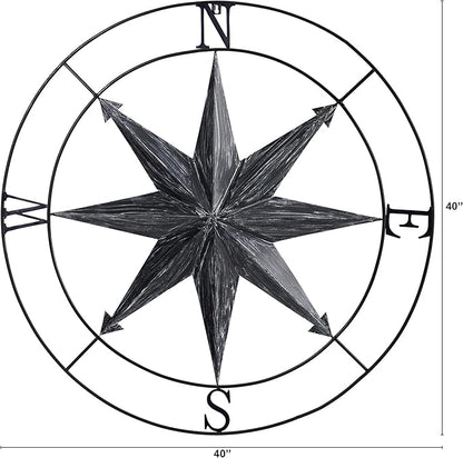 Nearly Natural 40in. Washed Nautical Metal Compass Wall Art Decor, Black, 40.00" x 2.00"
