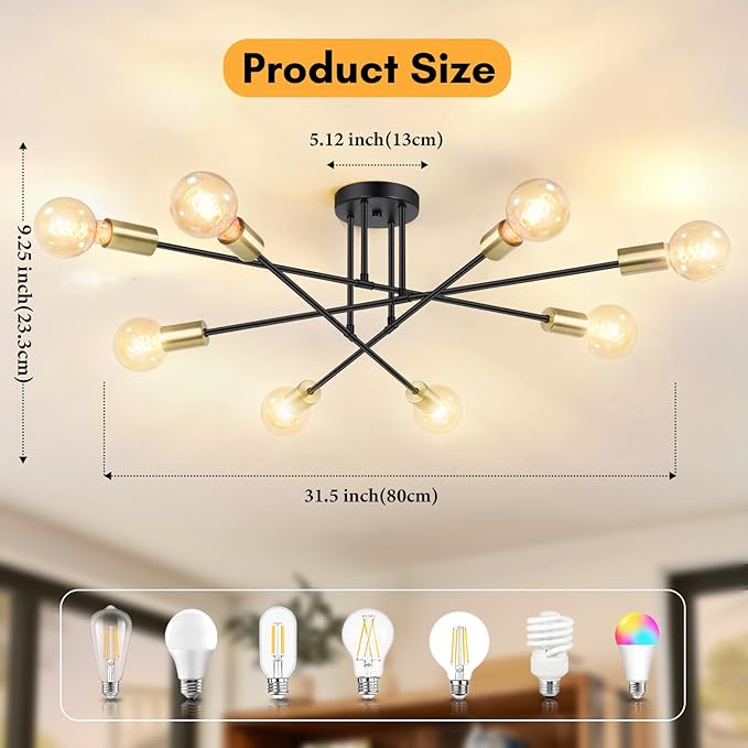 Modern Sputnik Chandelier 8-Light Industrial Ceiling Lights Fixture 32" Black and Gold Semi Flush Mount Ceiling Light with E26 Base Sputnik Lights Fixture for Dining Room Bedroom Hallway Living Room