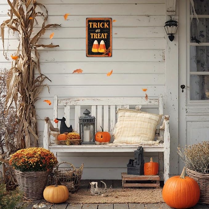 Trick or Treat Halloween Metal Tin Sign Vintage Rustic Wall Decor for Home Kitchen Entryway Farmhouse Decorative Signs Poster 8x12 Inch
