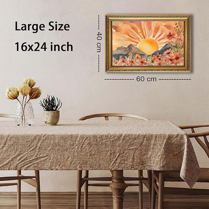 WZGZXU Gold Framed Wall Art Boho Wall Decor Sunset Canvas Art Sun Pictures Wildflower Paintings Landscape Prints Watercolor Artwork For Living Room Bedroom Office
