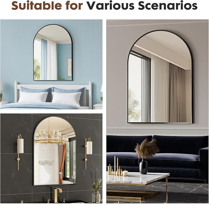 Dewfig Wall Mounted Mirror, 26"x38" Arched Wall Bathroom Mirror, Black Vanity Wall Mirror with Metal Frame, Modern & Contemporary Arch Top Wall Mirror for Bedroom, Entryway, Living Room,Black