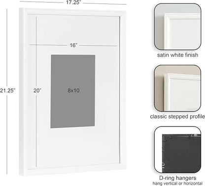 Kate and Laurel Adlynn Coastal Rectangle Picture Frame Set of 3, 16 x 20 matted to 8 x 10, White, Modern Three-Piece Photo Frame Set for Gallery Wall Decor in Living Room Wall Display