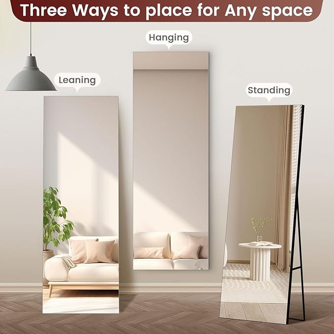 Kosmonia 71x28 Frameless Full Length Silver Coating Mirror w/Distortion Free, HD Reflection &Anti Desilvering, Tempered Glass, Easy Setup w/Stand, Wall/Standing