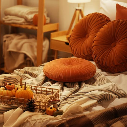 Beeveer 3 Pcs Round Throw Velvet Pillows Classy Accent Pumpkin Throw Pillows 15 Inch Decorative Cushion for Couch Chair Bed Car, 2 Styles(Orange)