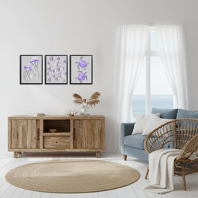 sechars Ocean Animal Wall Art Jellyfish Fish Sea Turtle Picture Prints Glam Blue and Grey Bathroom Decor Framed Artwork (Purple)
