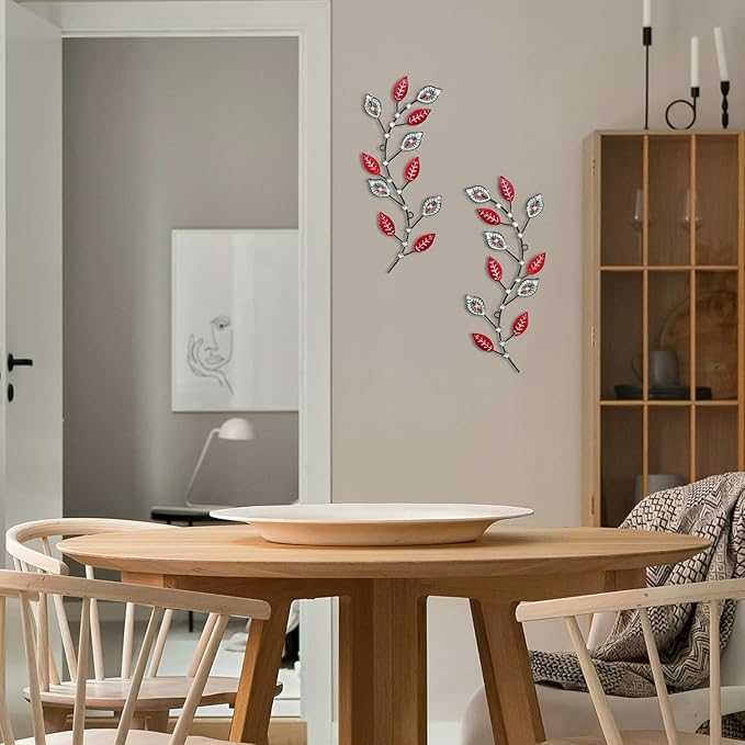 sxnzequnze 2 Sets Leaf Wall Art for Home Metal Bling Rhinestones Ready to Hang Tree Branch Leaves Olive Vine Wrought Iron Hanging Sculpture Pieces Wall Decor Pcs - 16.5in