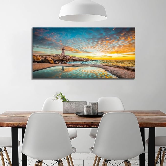 YYYYHPP YP1850 Canvas Prints Wall Art Peggy's Cove Lighthouse Sunset Ocean View Landscape Nature Pictures Stretched Canvas Wooden Framed for Living Room Bedroom and Office Wall Decor