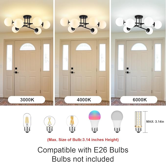 6-Light Glass Sputnik Chandeliers Black Sputnik Ceiling Light Fixture with Milk White Glass Globe Flush Mount Ceiling Light Fixture for Dining Room Farmhouse Kitchen Living Room Bedroom