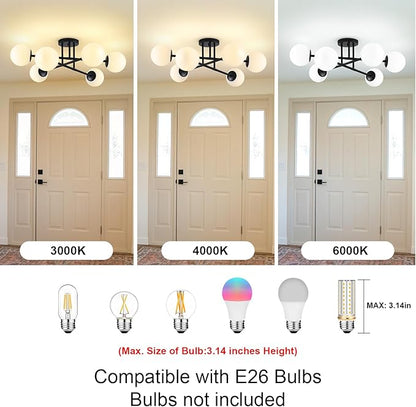 6-Light Glass Sputnik Chandeliers Black Sputnik Ceiling Light Fixture with Milk White Glass Globe Flush Mount Ceiling Light Fixture for Dining Room Farmhouse Kitchen Living Room Bedroom