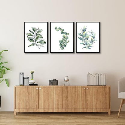 hyidecorart Black Framed Wall Art For Bedroom Wall Decor For Living RoomPlants Green Leaves Painting Bathroom Walls Pictures Kitchen Wall Decorations Office Decor Set Of 3 Piece Framed Prints Art