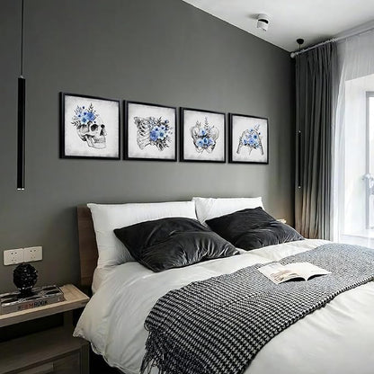 KREATIVE ARTS 4-Piece Gothic Skull Canvas Wall Art Set with Black Frame, 12x12 Each, Grey and Blue Floral Skeleton Anatomy Prints Framed Artwork Ready to Hang