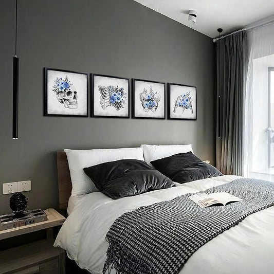 KREATIVE ARTS 4-Piece Gothic Skull Canvas Wall Art Set with Black Frame, 12x12 Each, Grey and Blue Floral Skeleton Anatomy Prints Framed Artwork Ready to Hang