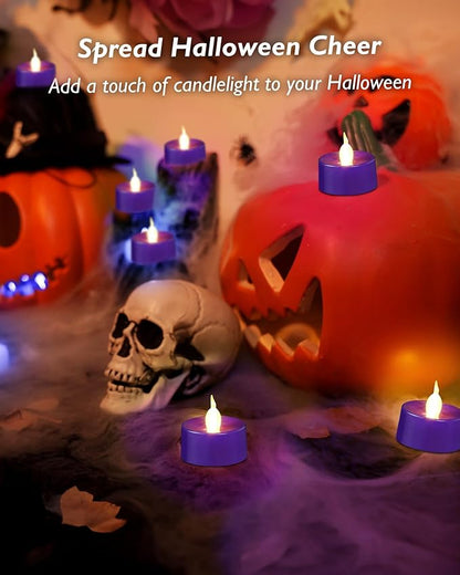 merrynights Purple LED Candles, 12 Pack Tea Lights Candles Battery Operated, Flameless Tealight Candle, Realistic Tea Lights for Halloween Christmas Party Decor Mardi Gras