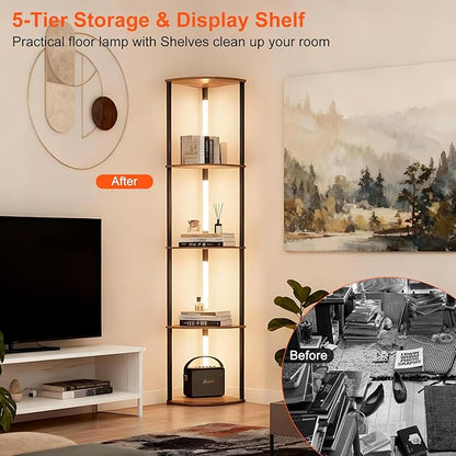 Lightdot Corner Floor Lamps with Shelves, 64Inch 5-Tier Storage Shelf Lamp with Integrated LED Posts/Amber Shelf/Black Frame, Black Display Floor Lamp for Living Room Bedroom/Sofa Beside/Corner Decor