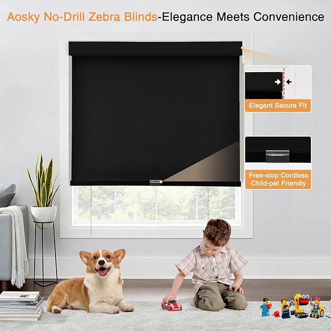 AOSKY No Drill Customize Blackout Roller Shades with Valance,Cordless Blinds for Indoor Windows,Room Darkening Window Shades Pull Down with Free-Stop Spring System,UV Protection for Home