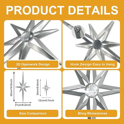 sxnzequnze 4 Pack Metal Star Wall Art 8 Pointed Starburst Wall Decor Set with 2 Large & 2 Small Pieces Mid Century Celestial Metal Wall Sculpture for Bedroom Living Room Office Gallery Wall